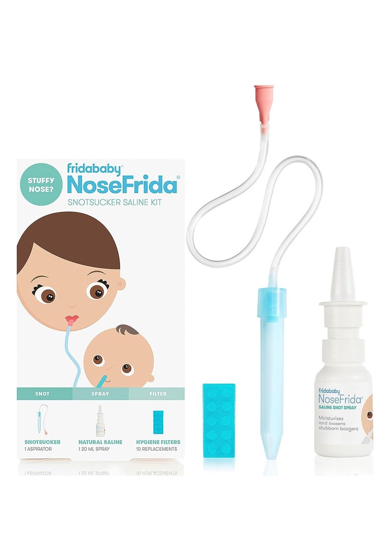 NoseFrida Snotsucker Saline Kit | Made in Sweden | Baby Nasal Aspirator, Saline Spray & 20 Hygiene Filters | Clears Stuffy Noses | Safe, BPA-Free, Pediatrician Recommended