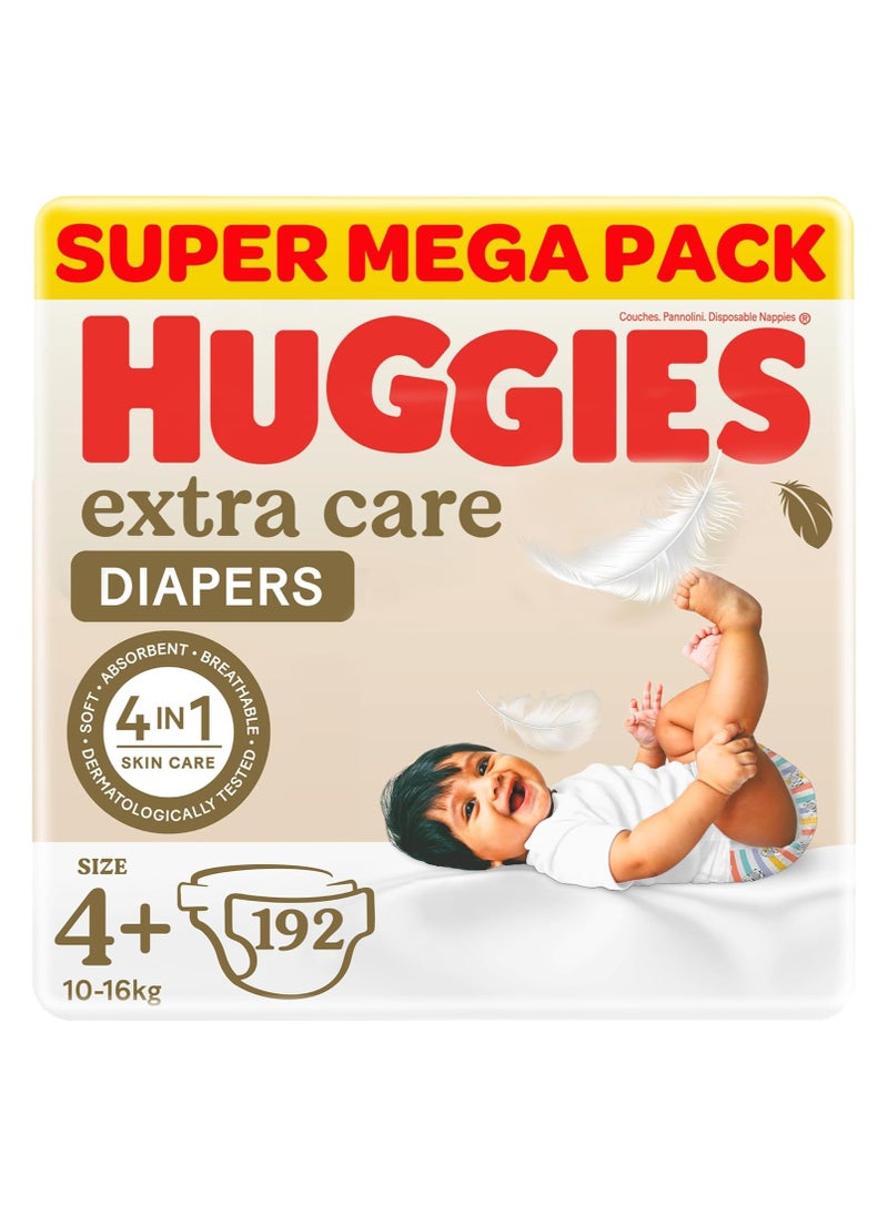 Huggies Extra Care, Size 4+, 10 -16 kg, Super Mega Pack, 192 Diapers