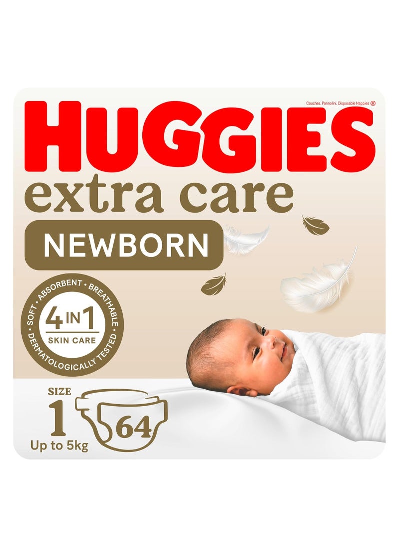 Huggies Extra Care Newborn, Size 1, Up to 5 kg, Jumbo Pack, 64 Diapers