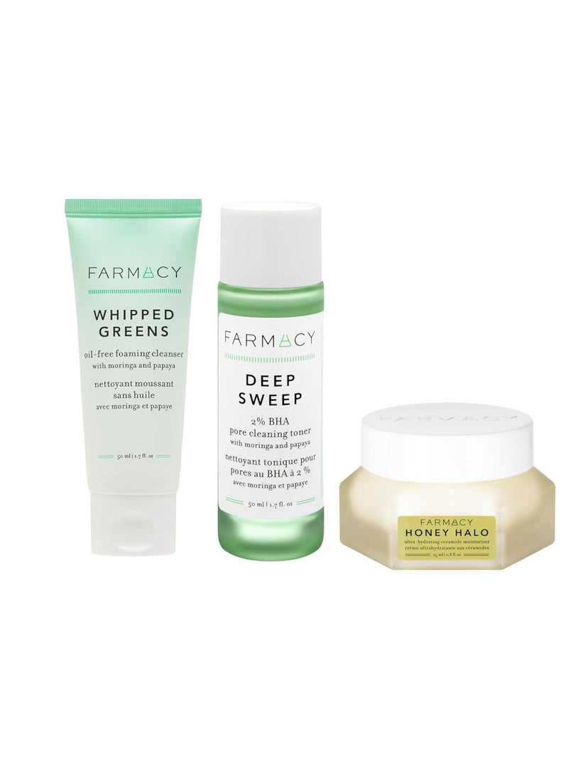 Farmacy Daily Routine Bundle - Whipped Greens Oil-Free Gentle Facial Cleanser (50ml) + Deep Sweep Gentle BHA Exfoliant for Oily Skin (50ml) + Honey Halo Hydrating Facial Moisturizer (25ml)