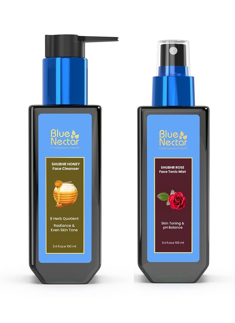Blue Nectar Honey Aloe Vera Detan Face Wash (8 Herbs, 3.38 Fl Oz) and Shubhr Steam Distilled Rose Toner Water & Face Tonic Mist (3.4 Fl Oz)