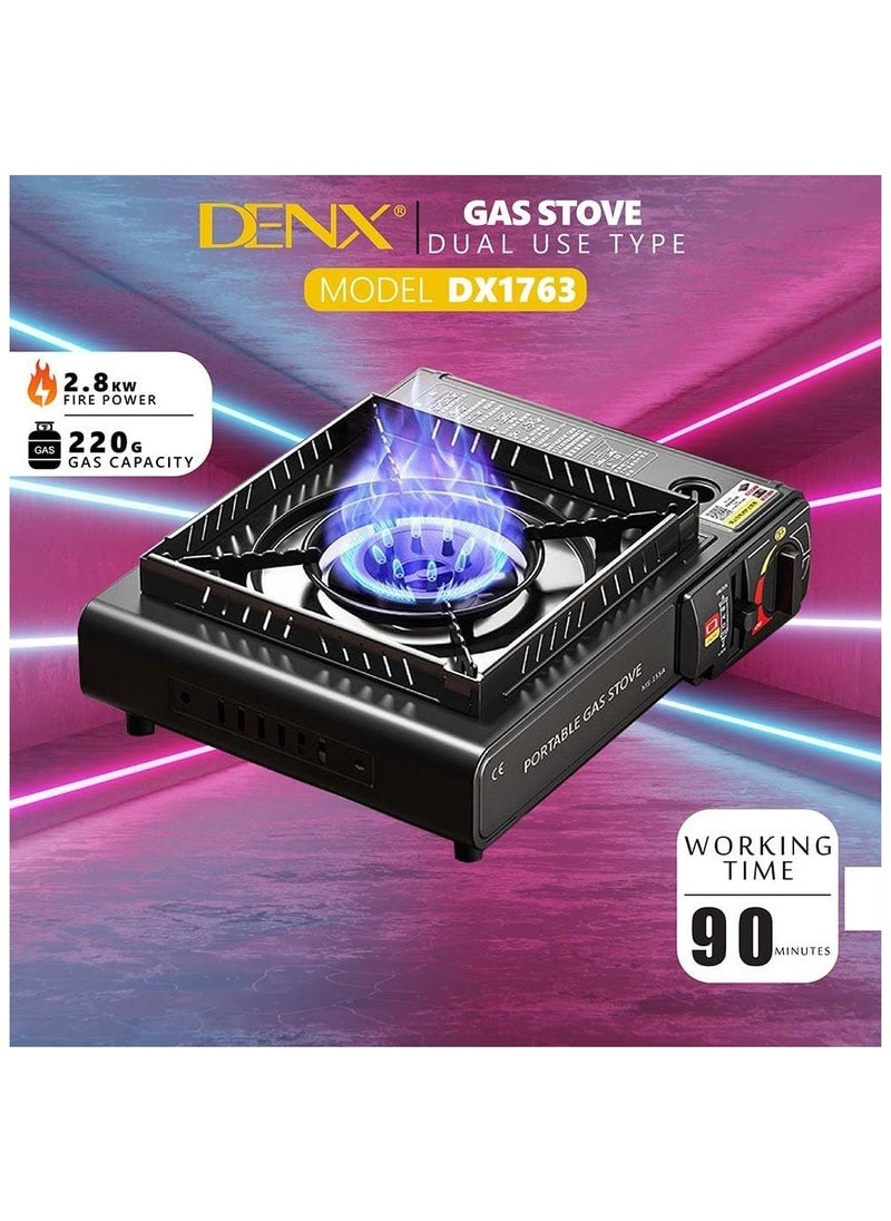 DENX Portable Gas Stove DX1763 – Dual Use, 2.8kW High Power, Windproof, Adjustable Temperature, Compact & Lightweight, Ideal for Camping, Travel, Picnics & Outdoor Cooking