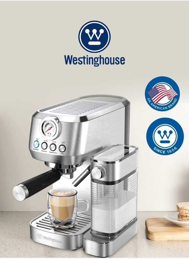 Westinghouse WKCMH1633 Espresso Coffee Maker – 20-Bar Pressure, Integrated Milk Frother, 700ml Milk Tank, Stainless Steel Design