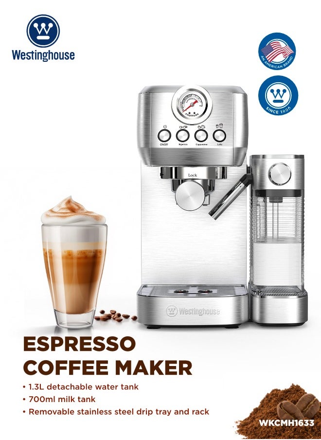 Coffee Machine Espresso Coffee Maker – 20-Bar Pressure, Integrated Milk Frother, 700ml Milk Tank, Stainless Steel Design