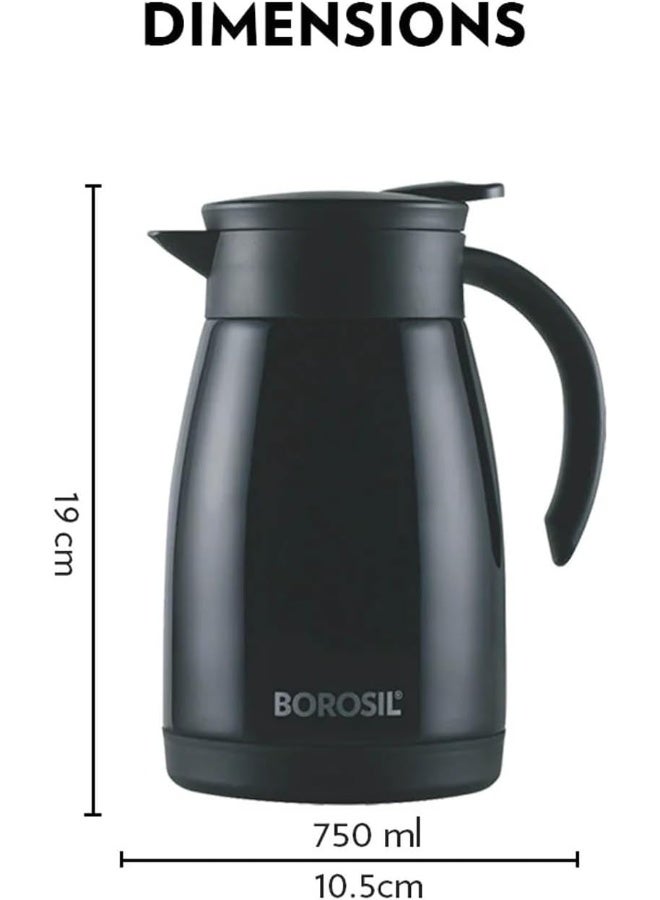 Borosil Vacuum Insulated Stainless Steel Teapot | Tea Pot | Thermal Flask | Thermos | Carafe | Jug | Coffee Pot | For Water, Coffee, Tea | 750 Ml Black