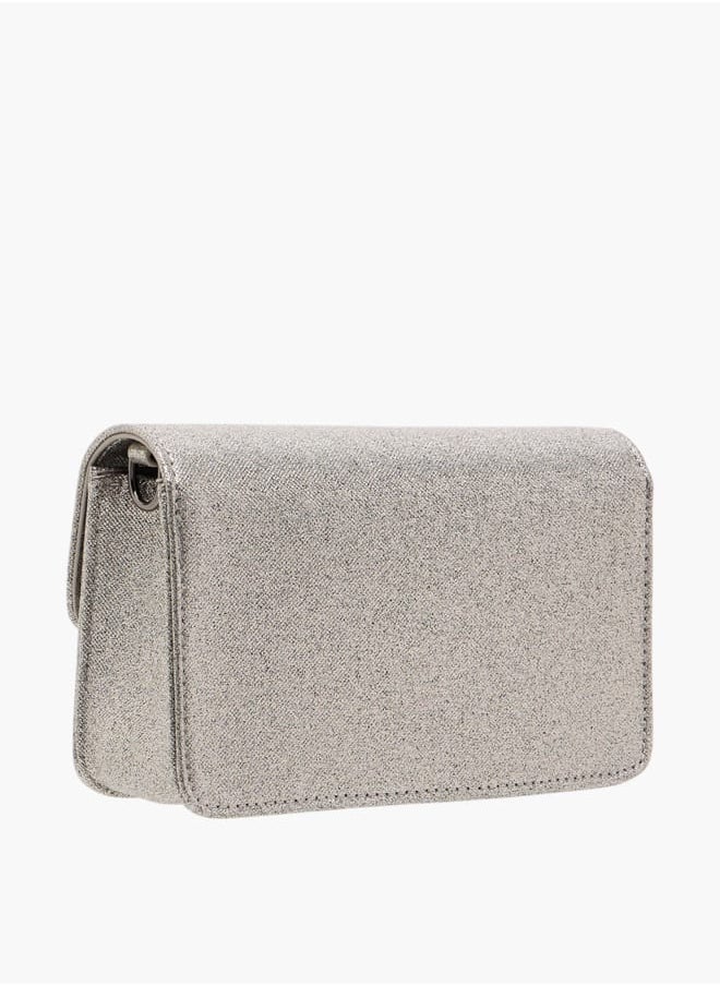 Women Metallic Crossbody Bag with Button Closure and Chain Strap