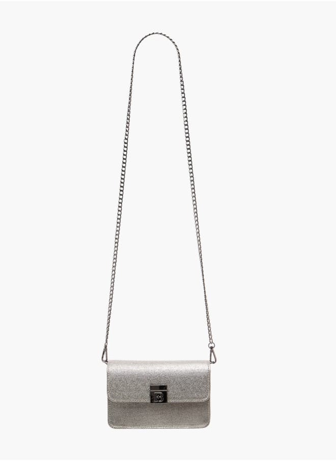 Women Metallic Crossbody Bag with Button Closure and Chain Strap