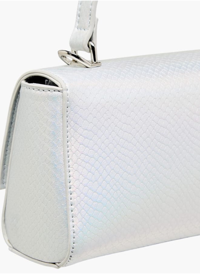 Women Textured Satchel Bag with Grab Handle and Button Closure