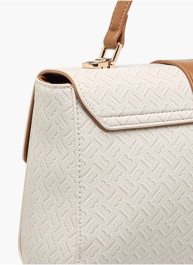 Women Monogram Print Satchel Bag with Handle and Flap Closure