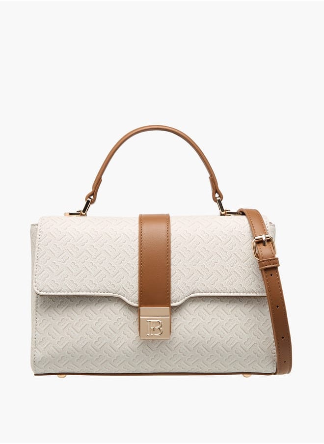 Women Monogram Print Satchel Bag with Handle and Flap Closure