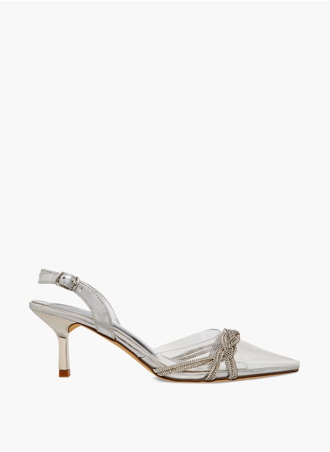 Women Studded Pointed Toe Shoes with Buckle Closure and Kitten Heels