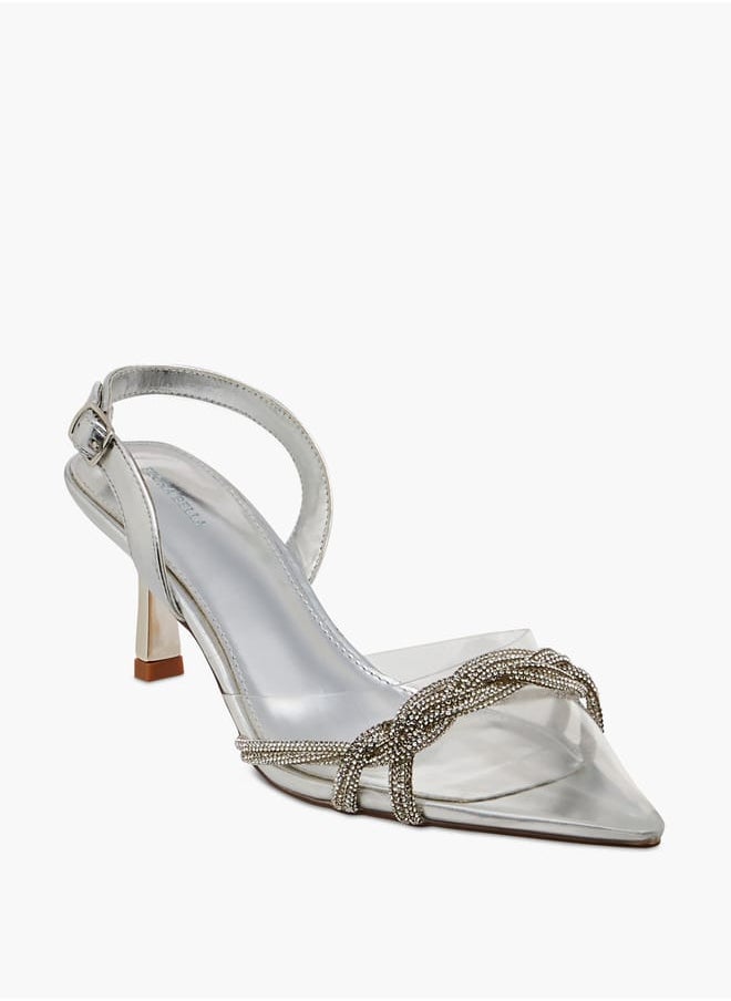 Women Studded Pointed Toe Shoes with Buckle Closure and Kitten Heels