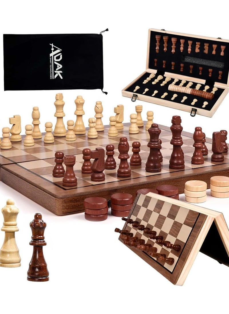 ADAK Magnetic Wooden Chess Set – 15-Inch Folding Chess Board with Handmade Pieces, Portable Travel Chess Game for Adults & Kids, Tournament & Beginner Friendly with Storage Slots and 2 Extra Queens