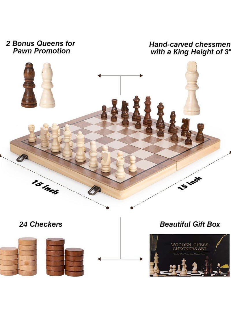 ADAK Magnetic Wooden Chess Set – 15-Inch Folding Chess Board with Handmade Pieces, Portable Travel Chess Game for Adults & Kids, Tournament & Beginner Friendly with Storage Slots and 2 Extra Queens