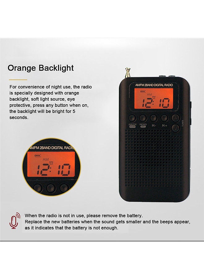 HRD-104 Portable AM/ FM Stereo Radio Pocket 2-Band Digital Tuning Radio Mini Receiver Outdoor Radio w/ Earphone Lanyard 1.3 Inch LCD Display Screen