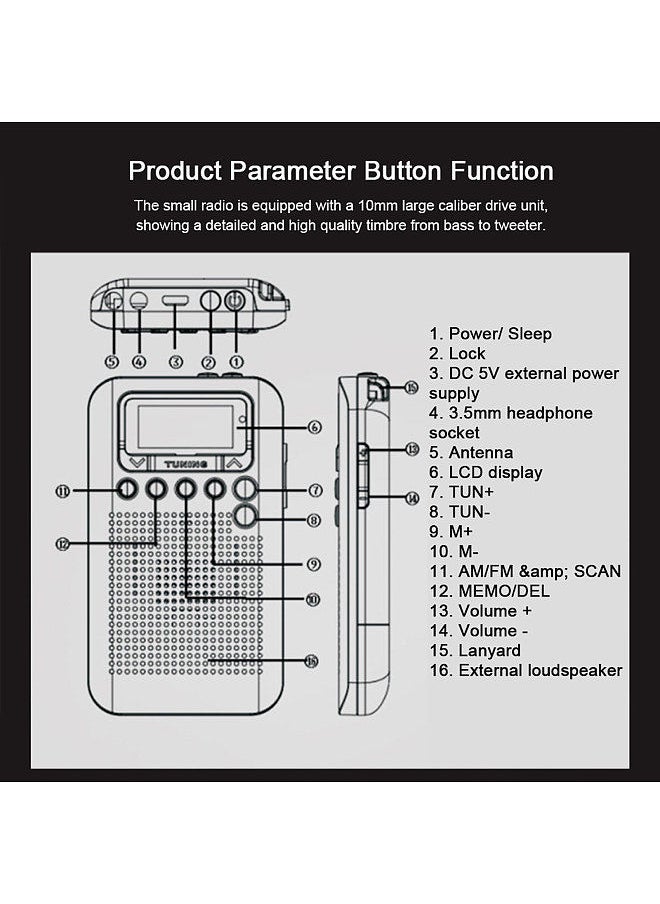 HRD-104 Portable AM/ FM Stereo Radio Pocket 2-Band Digital Tuning Radio Mini Receiver Outdoor Radio w/ Earphone Lanyard 1.3 Inch LCD Display Screen