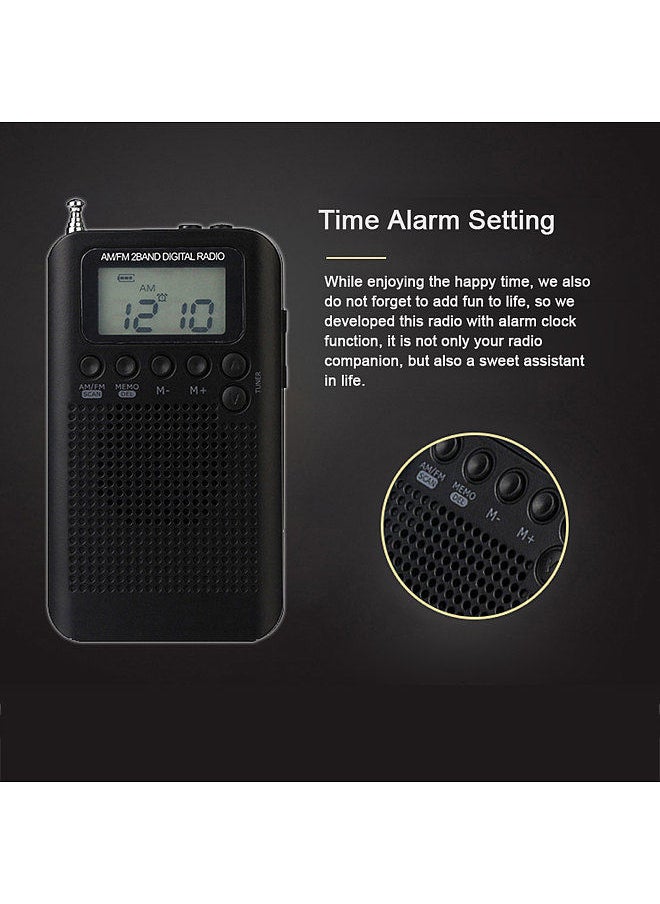 HRD-104 Portable AM/ FM Stereo Radio Pocket 2-Band Digital Tuning Radio Mini Receiver Outdoor Radio w/ Earphone Lanyard 1.3 Inch LCD Display Screen