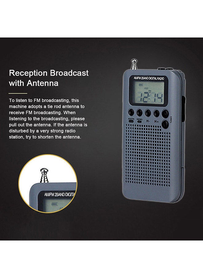 HRD-104 Portable AM/ FM Stereo Radio Pocket 2-Band Digital Tuning Radio Mini Receiver Outdoor Radio w/ Earphone Lanyard 1.3 Inch LCD Display Screen