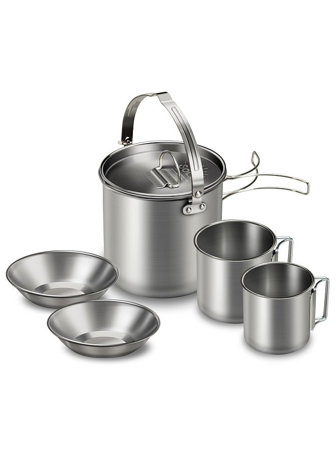 5pcs Kettle Set, Stainless Steel Kettle with 2 Cups 2 Bowls,  for Camping Hiking Picnic Outdoors