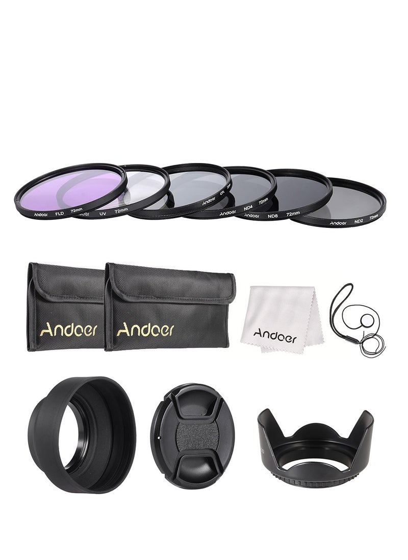 72mm Lens Filter Kit, UV+CPL+FLD+ND(ND2 ND4 ND8), with Carry Pouch, Lens Cap, Lens Cap Holder, Tulip and Rubber Lens Hoods, Cleaning Cloth