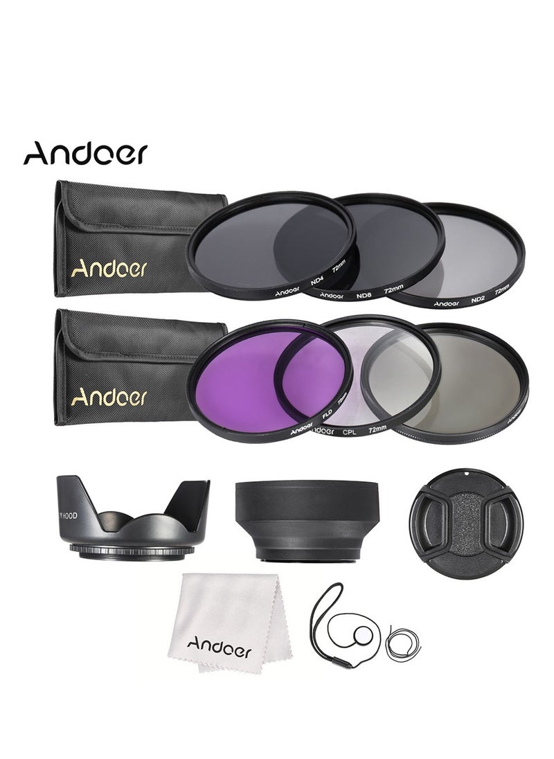 72mm Lens Filter Kit, UV+CPL+FLD+ND(ND2 ND4 ND8), with Carry Pouch, Lens Cap, Lens Cap Holder, Tulip and Rubber Lens Hoods, Cleaning Cloth