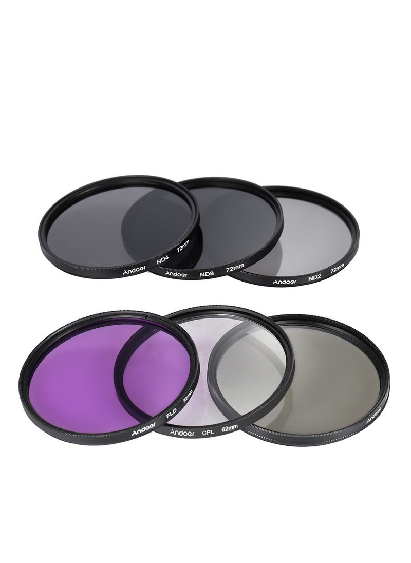 72mm Lens Filter Kit, UV+CPL+FLD+ND(ND2 ND4 ND8), with Carry Pouch, Lens Cap, Lens Cap Holder, Tulip and Rubber Lens Hoods, Cleaning Cloth