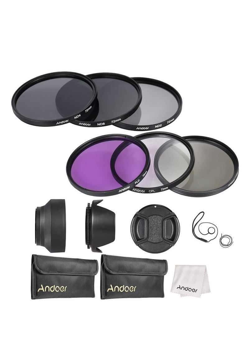 Andoer 72mm Lens Filter Kit UV+CPL+FLD+ND(ND2 ND4 ND8) with Carry Pouch / Lens Cap / Lens Cap Holder / Tulip & Rubber Lens Hoods / Cleaning Cloth