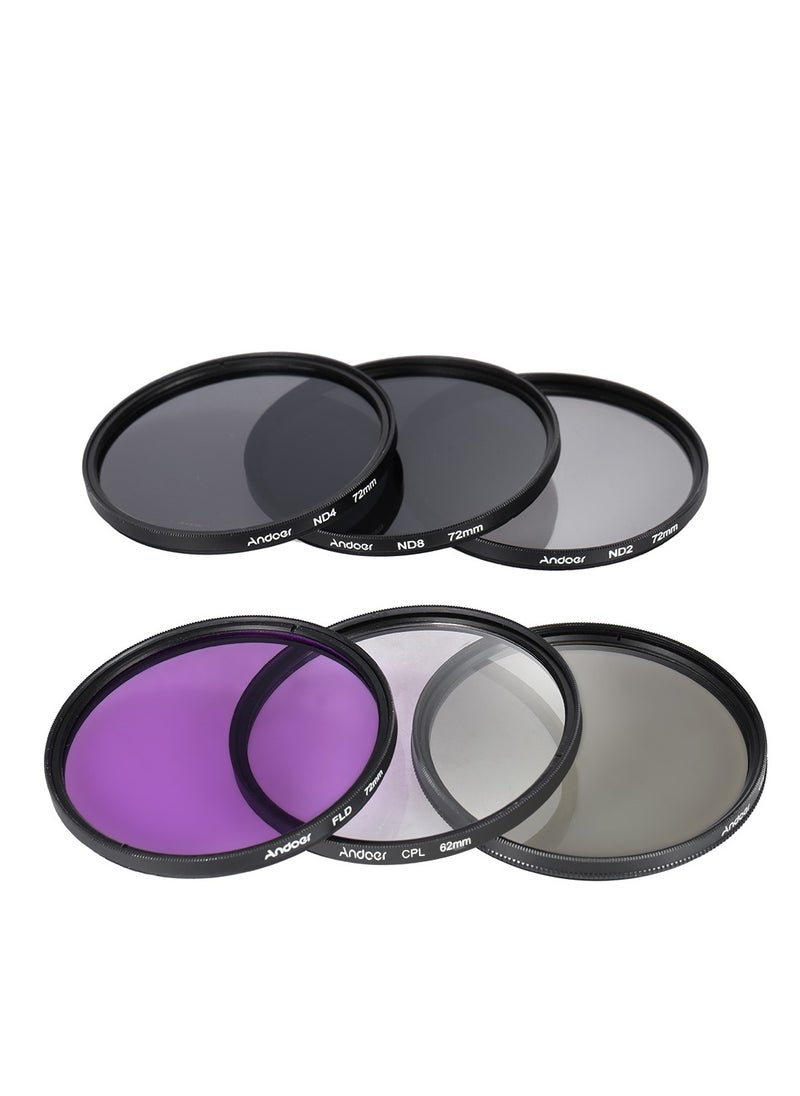 Andoer 72mm Lens Filter Kit UV+CPL+FLD+ND(ND2 ND4 ND8) with Carry Pouch / Lens Cap / Lens Cap Holder / Tulip & Rubber Lens Hoods / Cleaning Cloth