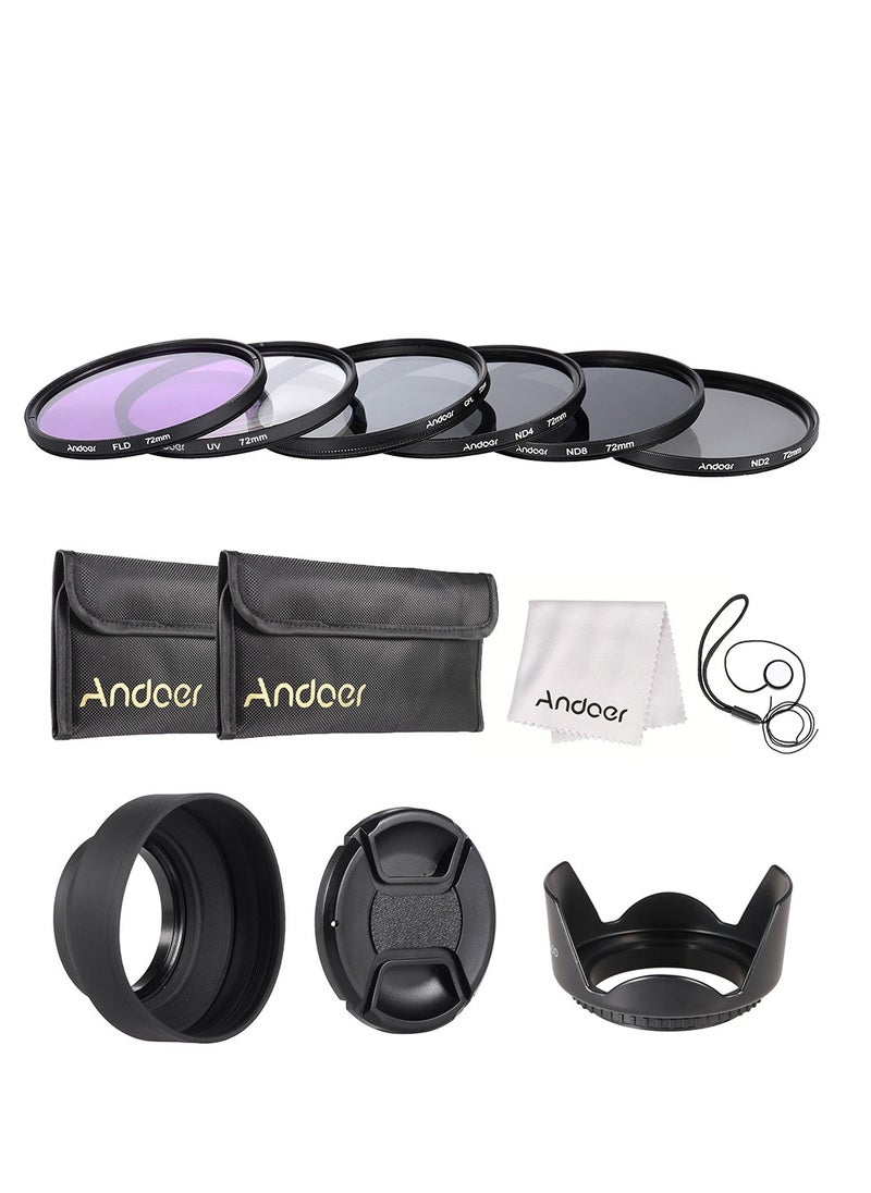 Andoer 72mm Lens Filter Kit UV+CPL+FLD+ND(ND2 ND4 ND8) with Carry Pouch / Lens Cap / Lens Cap Holder / Tulip & Rubber Lens Hoods / Cleaning Cloth