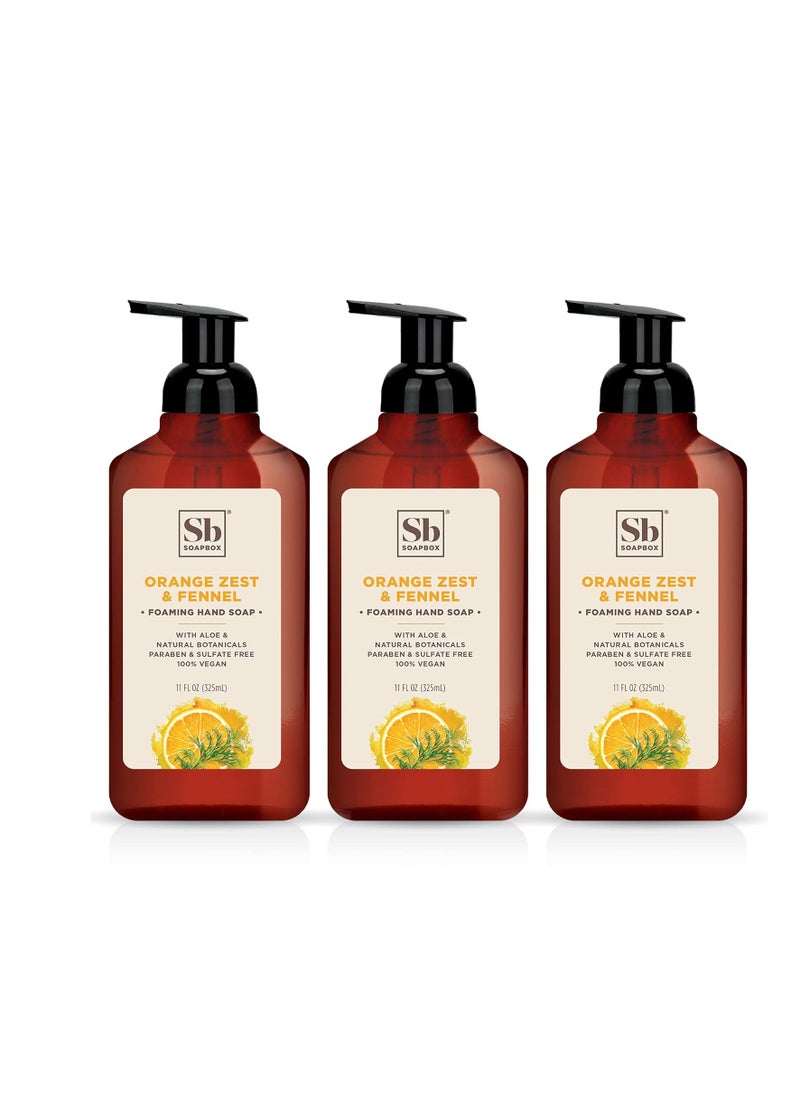 Soapbox Foaming Hand Soap Orange Zest & Fennel, 11oz Pump Bottles, 3 Pack, Cruelty Free, Vegan Moisturizing Foaming Hand Wash for Kitchen & Bathroom