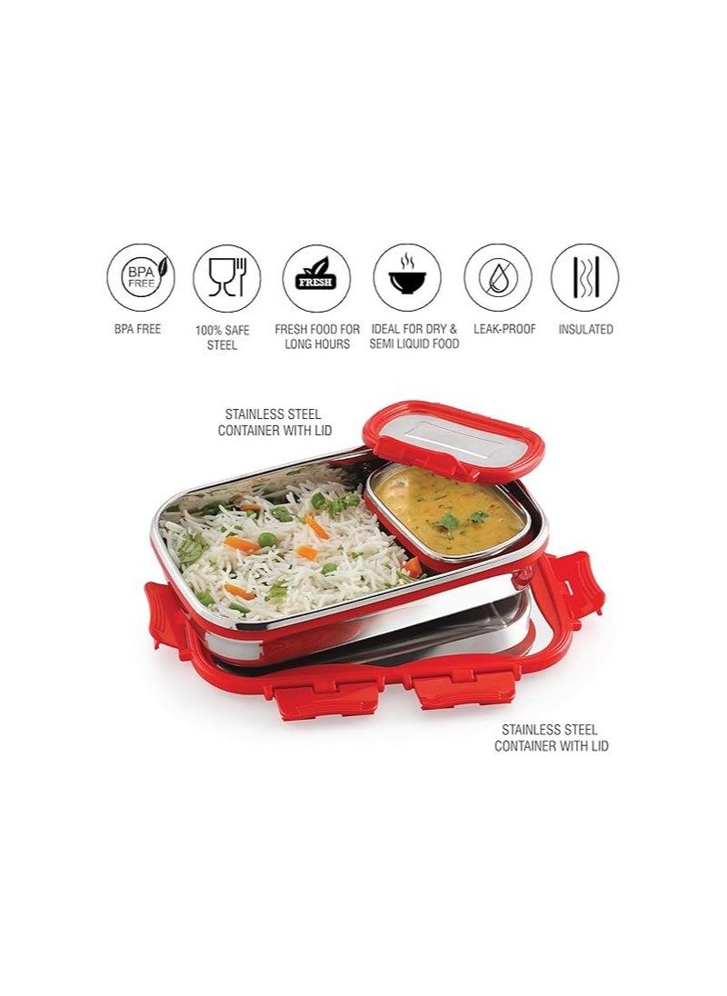 CELLO Click It Stainless Steel Lunch Pack, Red, 925ml | Stainless Steel Lunch Box with Veg Box | Lunch Box with Snap Lock | Perfect for School, College & Office