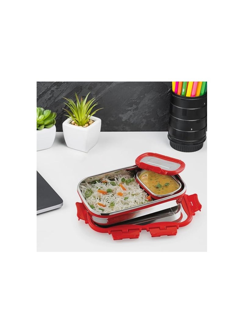 CELLO Click It Stainless Steel Lunch Pack, Red, 925ml | Stainless Steel Lunch Box with Veg Box | Lunch Box with Snap Lock | Perfect for School, College & Office