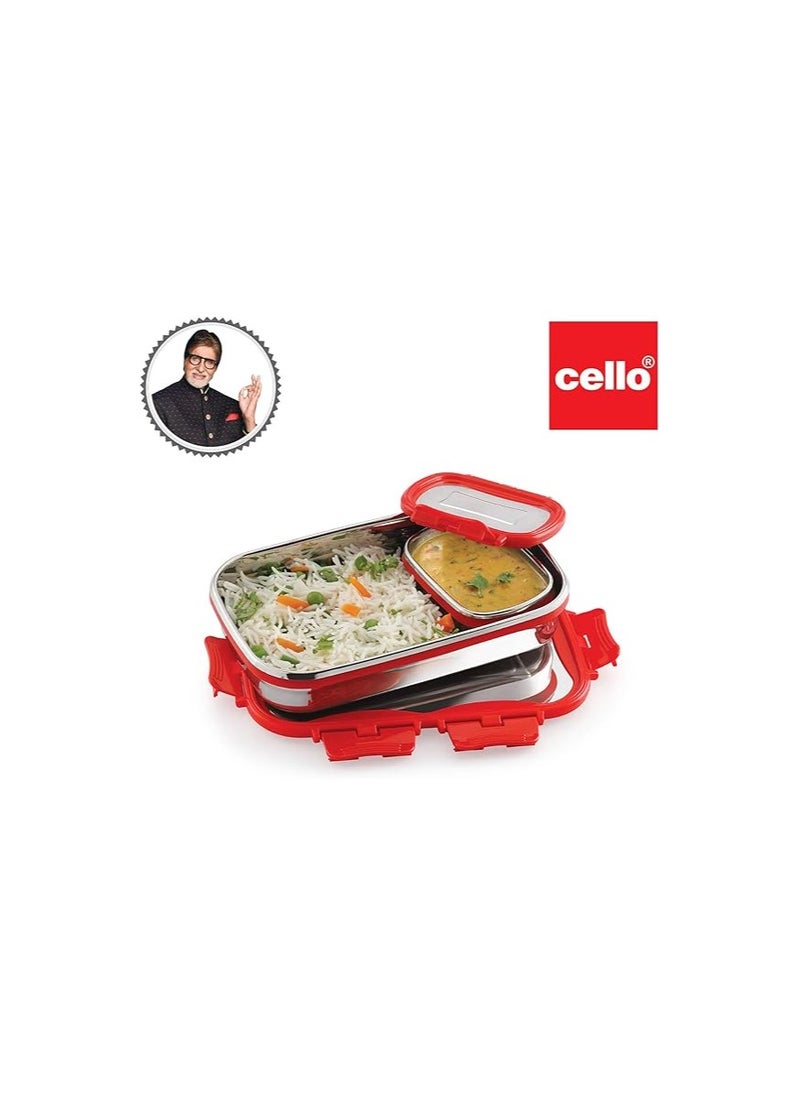 CELLO Click It Stainless Steel Lunch Pack, Red, 925ml | Stainless Steel Lunch Box with Veg Box | Lunch Box with Snap Lock | Perfect for School, College & Office