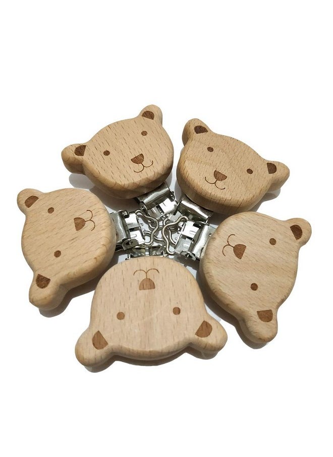 5pcs Natural Beech Wood Animal Pacifier Clips Grasping Toy Suspender Chain Clips Charm Antique DIY Beading Accessory (Bear)