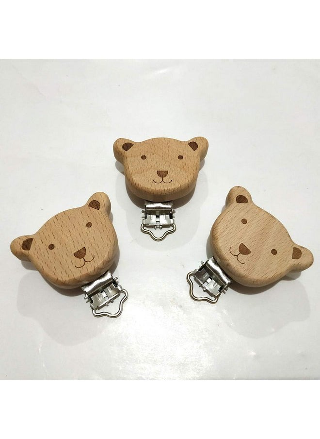 5pcs Natural Beech Wood Animal Pacifier Clips Grasping Toy Suspender Chain Clips Charm Antique DIY Beading Accessory (Bear)
