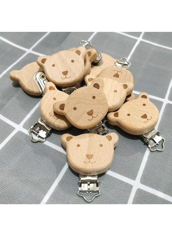 5pcs Natural Beech Wood Animal Pacifier Clips Grasping Toy Suspender Chain Clips Charm Antique DIY Beading Accessory (Bear)