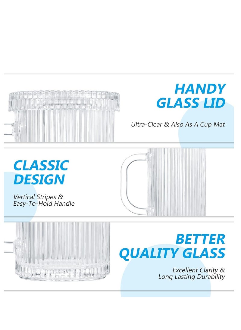 Glass Coffee Mugs Clear Mug - 14 Oz Ribbed, Classical Vertical Stripes Tea Cups With Lids Set of 2 - Perfect for Latte,Cappuccino,Hot Chocolate Juice