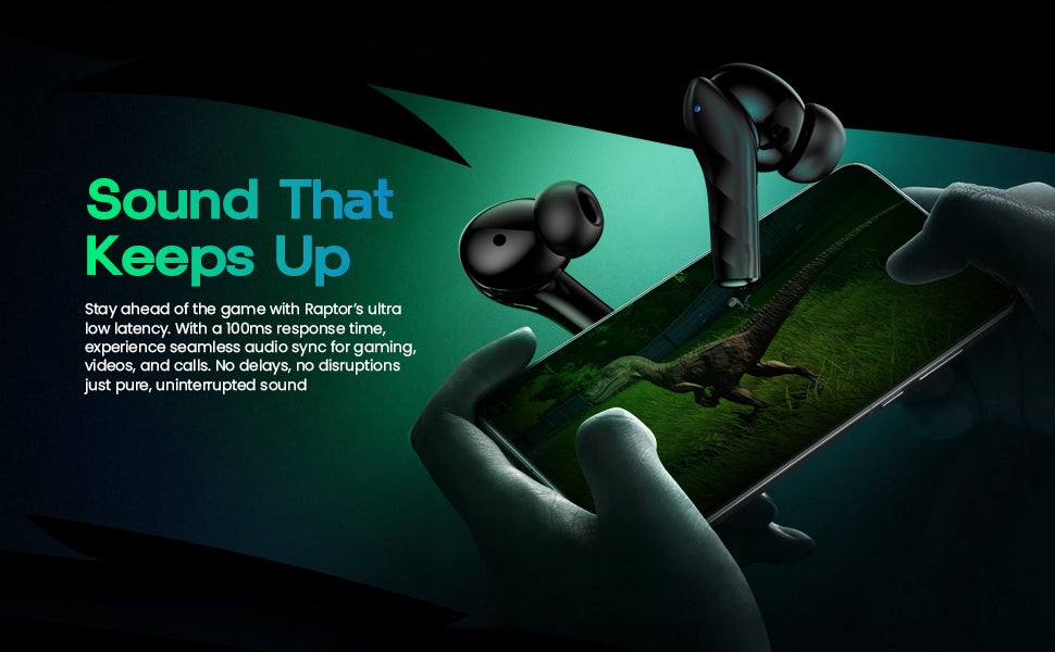 Raptor Wireless Earbuds with ANC + ENC - 6 Hours Playtime with Bluetooth 5.3 - HiFi Stereo Sound Airpods - Gaming Bluetooth Earphones with Ultra-Low Latency - Deep Bass, IPX4 Water Resistant - For Exercise, Gym - Compatible with iPhone & Android (Black)