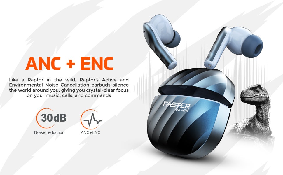 Raptor Wireless Earbuds with ANC + ENC - 6 Hours Playtime with Bluetooth 5.3 - HiFi Stereo Sound Airpods - Gaming Bluetooth Earphones with Ultra-Low Latency - Deep Bass, IPX4 Water Resistant - For Exercise, Gym - Compatible with iPhone & Android (Blue)
