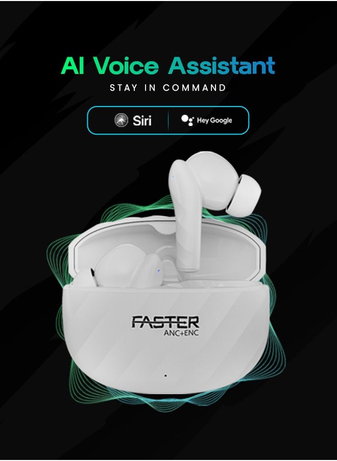 Raptor Wireless Earbuds with ANC + ENC - 6 Hours Playtime with Bluetooth 5.3 - HiFi Stereo Sound Airpods - Gaming Bluetooth Earphones with Ultra-Low Latency - Deep Bass, IPX4 Water Resistant - For Exercise, Gym - Compatible with iPhone & Android (White)