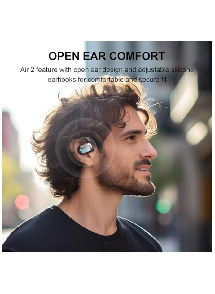 Air 2 Open Ear Earbuds with Ear Loops, Bluetooth 5.3 Open Ear Wireless Headphones with Boosted Bass, Built-in ENC Mic, 28H Playtime, RGB, Silicone Earhook for Workout Running Gaming White