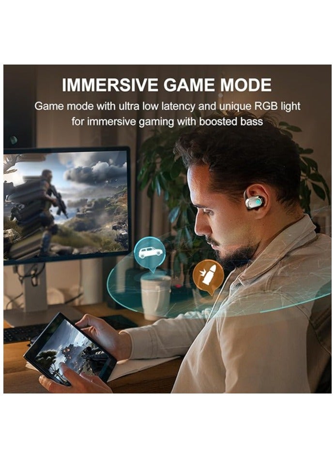 Air 2 Open Ear Earbuds with Ear Loops, Bluetooth 5.3 Open Ear Wireless Headphones with Boosted Bass, Built-in ENC Mic, 28H Playtime, RGB, Silicone Earhook for Workout Running Gaming White