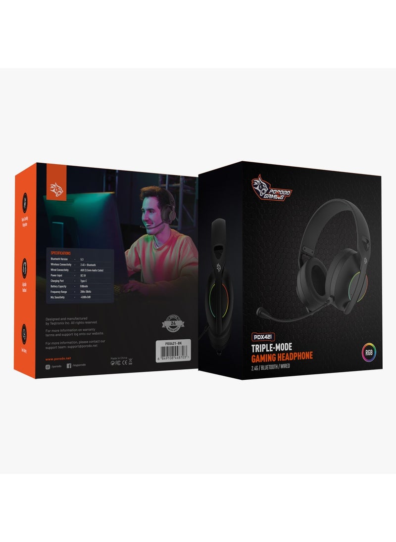 Triple-Mode Gaming Headphone 2.4G, Bluetooth & Wired / Noise-Canceling Microphone / Adjustable Headband / Low-Latency - Black