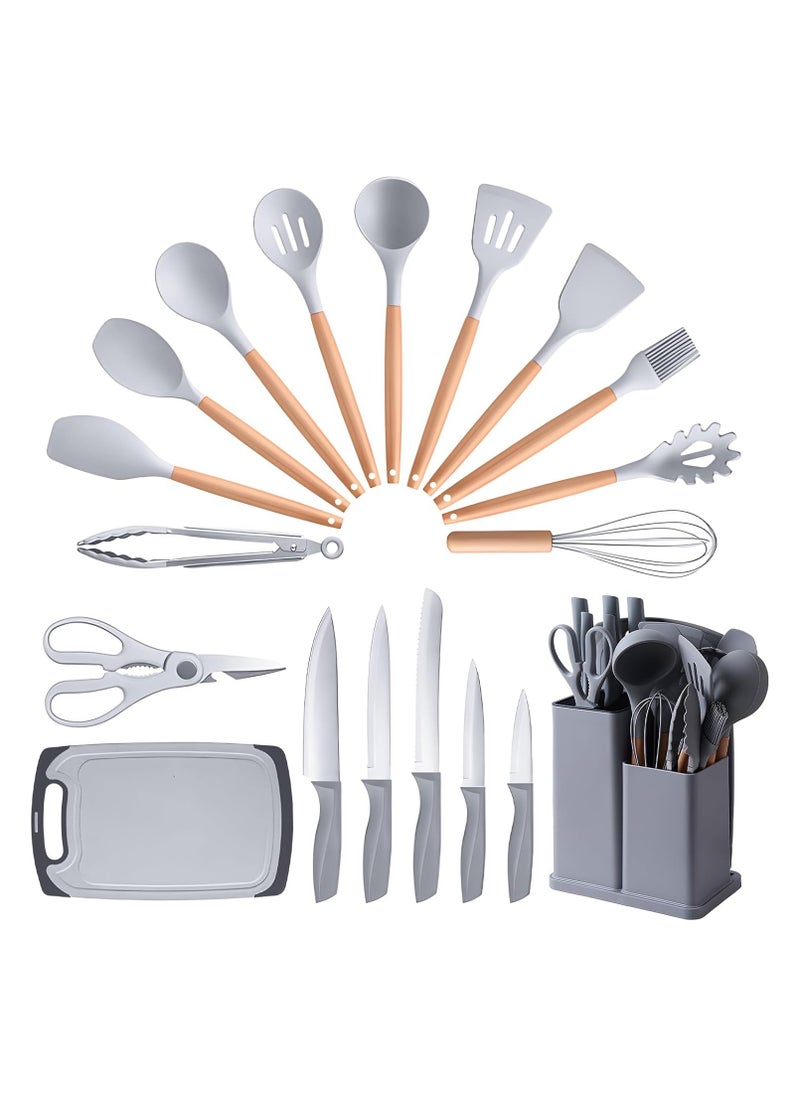 19-in-1 Heat-Resistant Silicone Cooking & Knife Set with Cutting Block – Grey