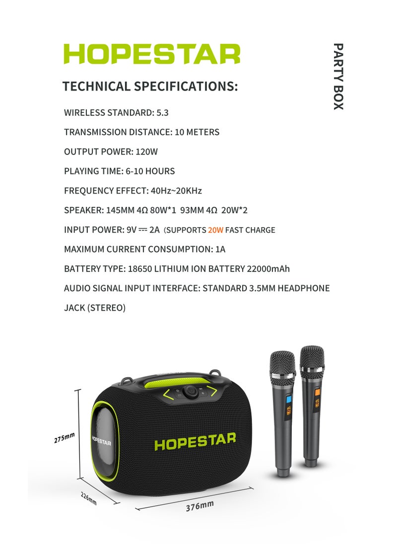 Party Box 120W Portable Bluetooth Speaker with Dual Wireless Microphones, 200W Fast Charging, IPX6 Waterproof, DSP Chip, 10-Hour Playtime, RGB Lights – Ideal for Outdoor, Karaoke, and Family Gatherings