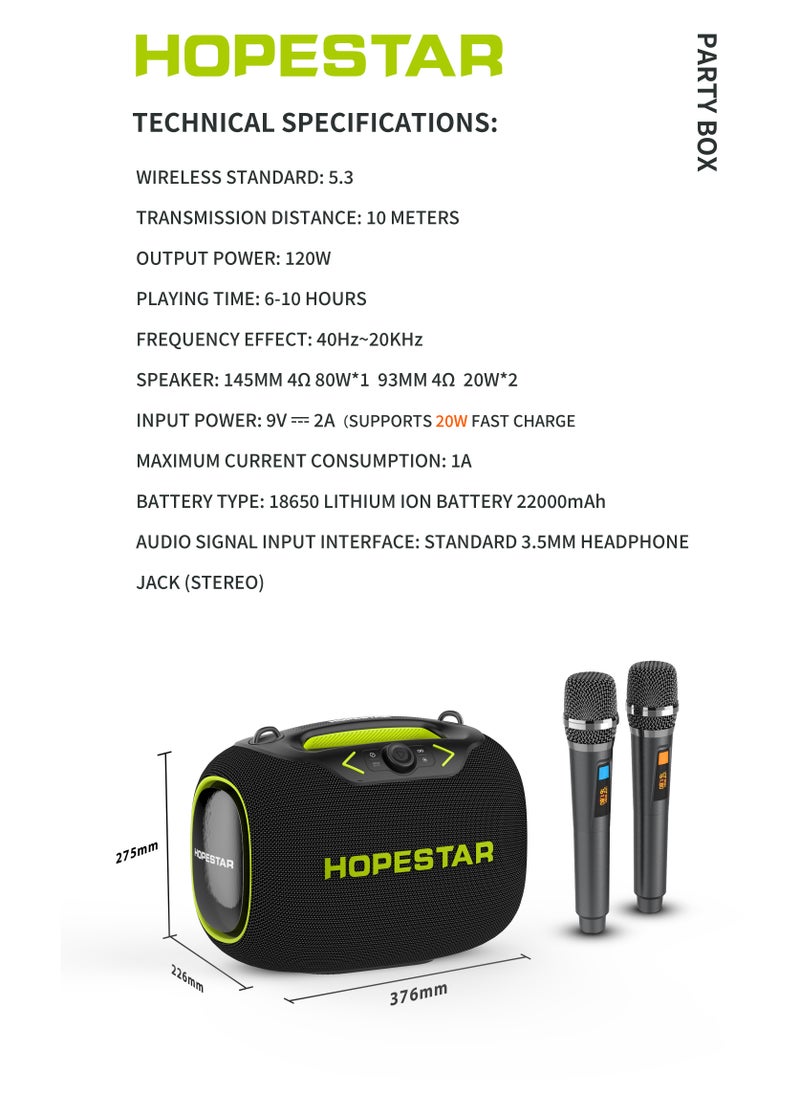 Party Box 120W Portable Bluetooth Speaker with Dual Wireless Microphones, 200W Fast Charging, IPX6 Waterproof, DSP Chip, 10-Hour Playtime, RGB Lights – Ideal for Outdoor, Karaoke, and Family Gatherings