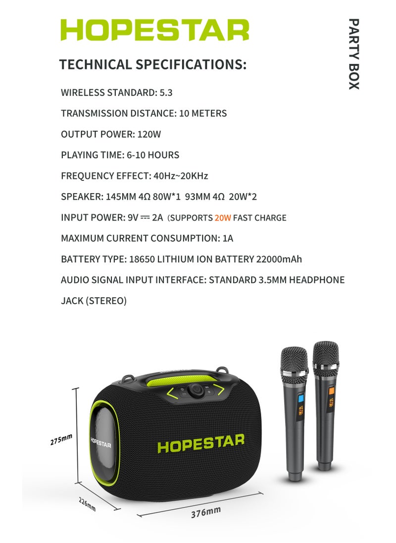 Party Box 120W Portable Bluetooth Speaker with Dual Wireless Microphones, 200W Fast Charging, IPX6 Waterproof, DSP Chip, 10-Hour Playtime, RGB Lights – Ideal for Outdoor, Karaoke, and Family Gatherings