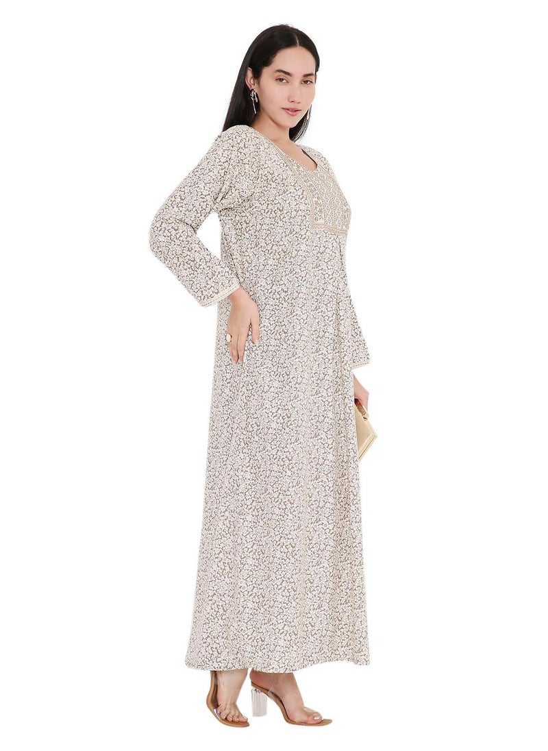 ELEGANT FARASHA WITH UNIQUE THREAD EMBROIDERY AND STYLISH PRINTED MODEST ARABIC KAFTAN JALABIYA DRESS