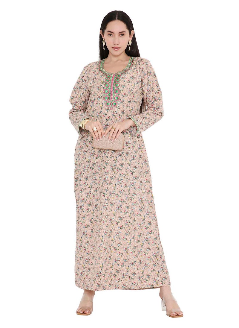 ELEGANT FARASHA WITH UNIQUE THREAD EMBROIDERY AND STYLISH PRINTED MODEST ARABIC KAFTAN JALABIYA DRESS