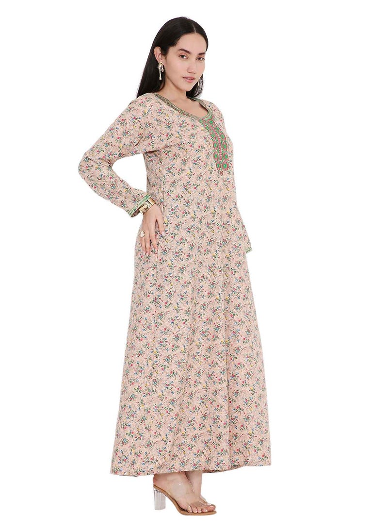 ELEGANT FARASHA WITH UNIQUE THREAD EMBROIDERY AND STYLISH PRINTED MODEST ARABIC KAFTAN JALABIYA DRESS